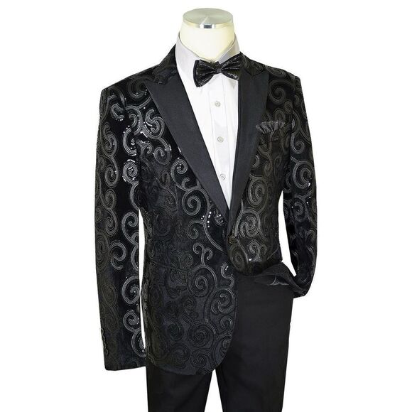 Cielo Velvet Satin Sequin Tuxedo Jacket Blazer Black Mens 36R Formal - Picture 1 of 12